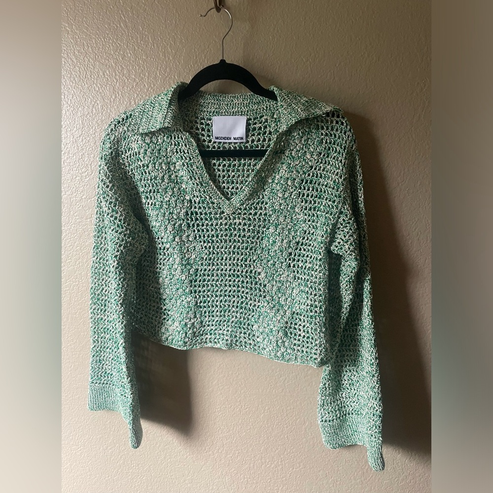 Mozdeh Matin open knit crochet green and cream sweater with bell sleeves, size S
